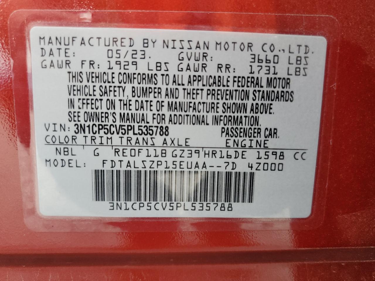 2023 NISSAN KICKS SV VIN:3N1CP5CV5PL535788