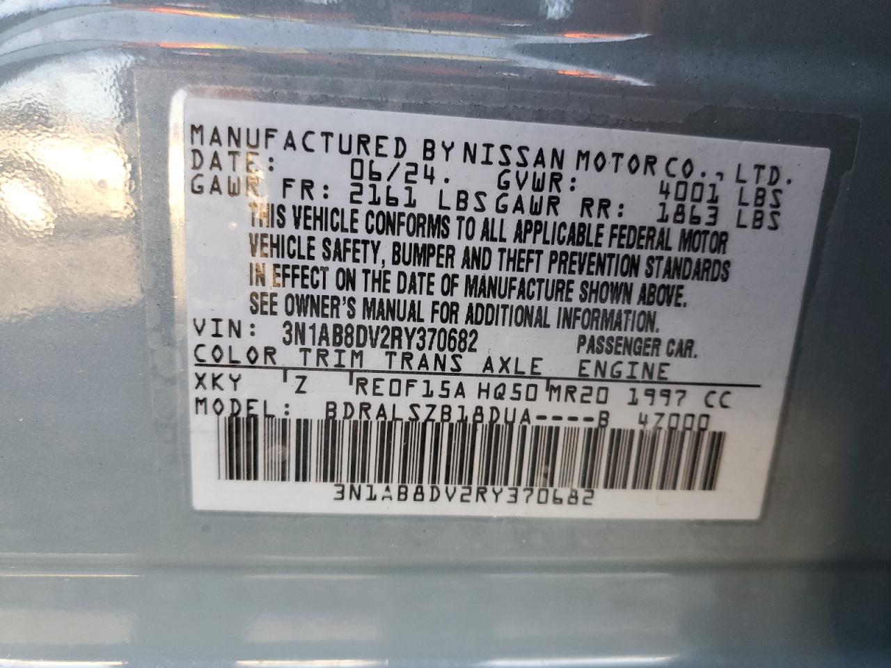 2024 NISSAN SENTRA SR VIN:3N1AB8DV2RY370682