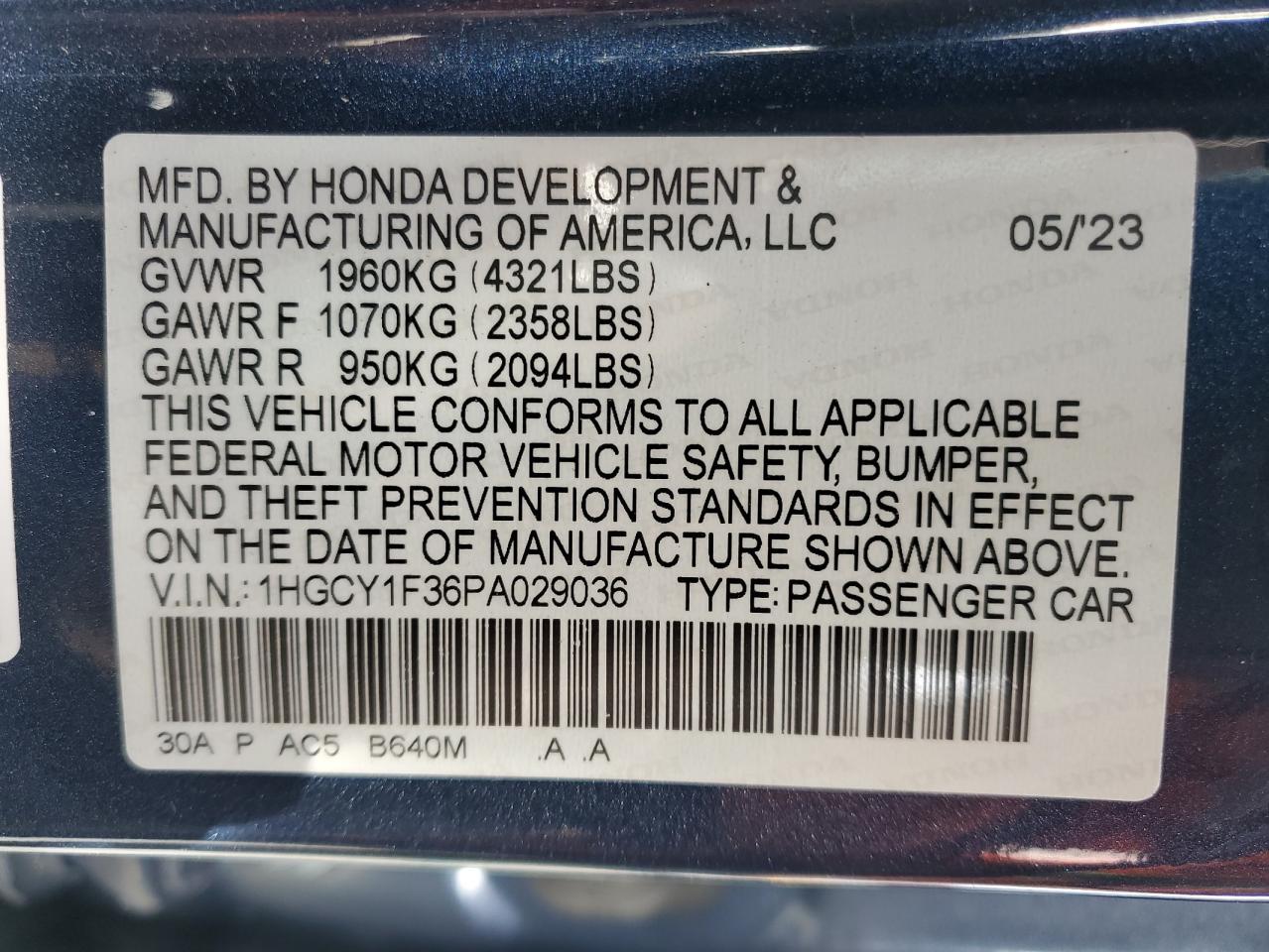 2023 HONDA ACCORD EX VIN:1HGCY1F36PA029036