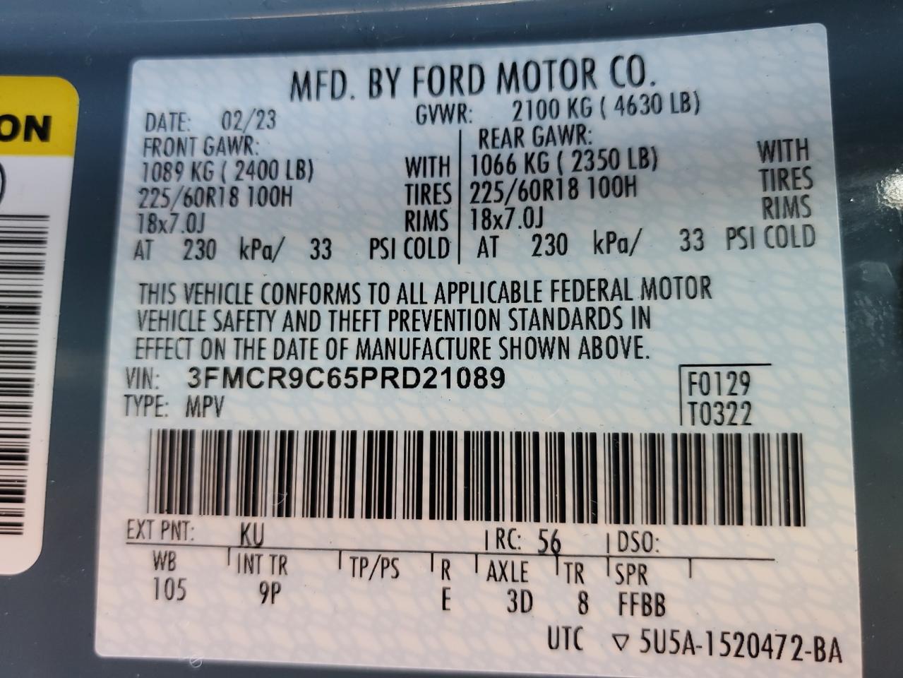 2023 FORD BRONCO SPORT OUTER BANKS VIN:3FMCR9C65PRD21089