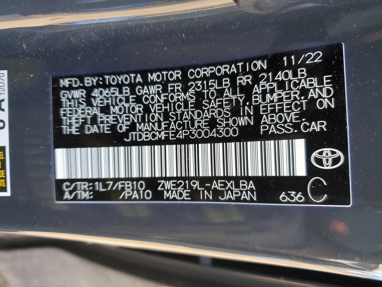 2023 TOYOTA COROLLA LE VIN:JTDBCMFE4P3004300