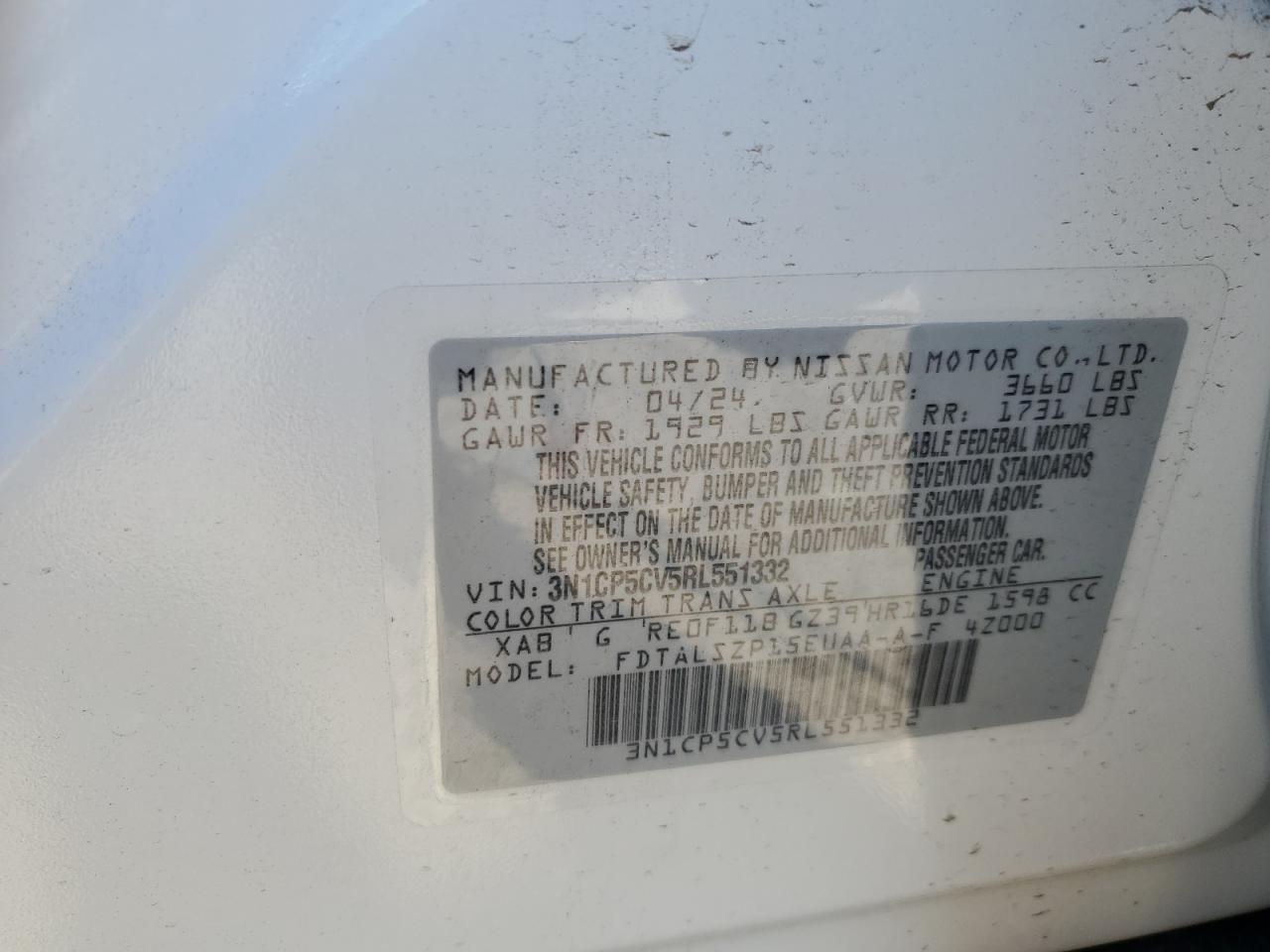 2024 NISSAN KICKS SV VIN:3N1CP5CV5RL551332