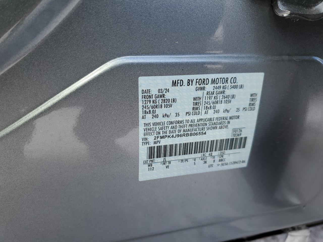 2024 FORD EDGE SEL VIN:2FMPK4J96RBB06554