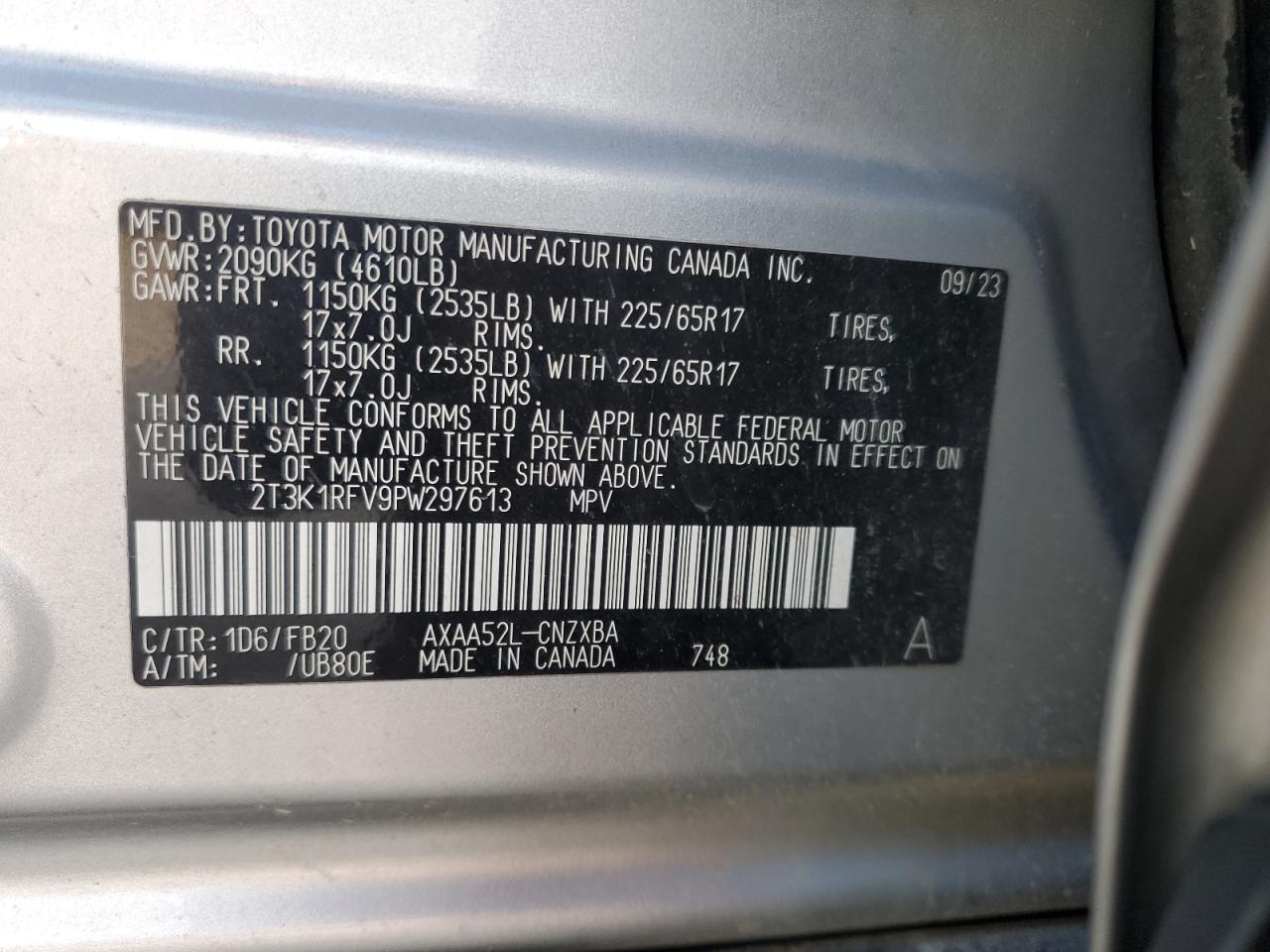 2023 TOYOTA RAV4 LE VIN:2T3K1RFV9PW297613