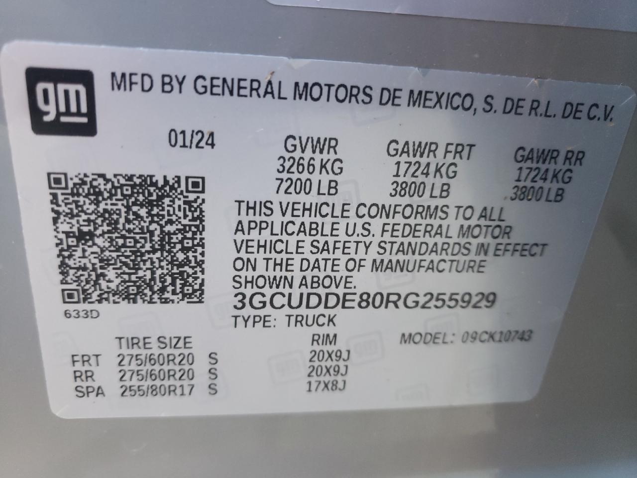 2024 CHEVROLET SILVERADO K1500 LT VIN:3GCUDDE80RG255929