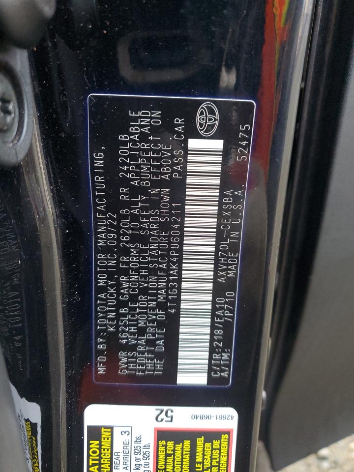 2023 TOYOTA CAMRY SE NIGHT SHADE VIN:4T1G31AK4PU604211