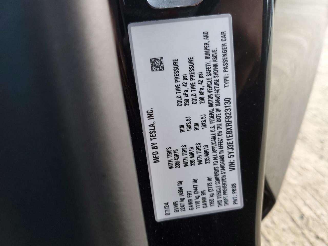2024 TESLA MODEL 3  VIN:5YJ3E1EBXRF823130