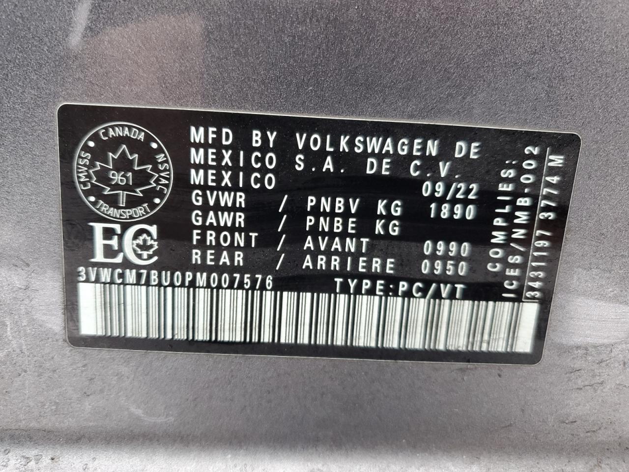 2023 VOLKSWAGEN JETTA TRENDLINE VIN:3VWCM7BU0PM007576