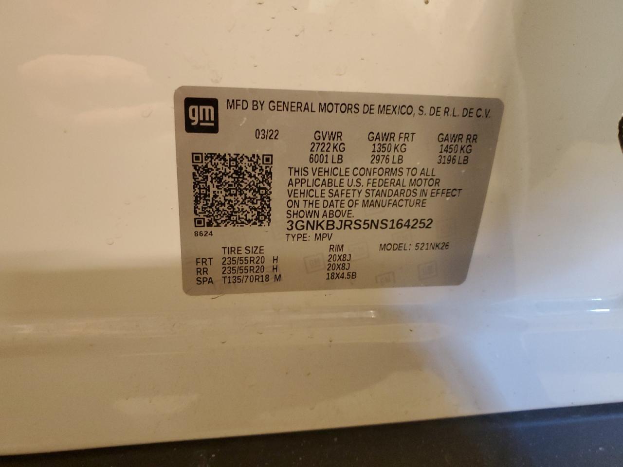2022 CHEVROLET BLAZER 3LT VIN:3GNKBJRS5NS164252