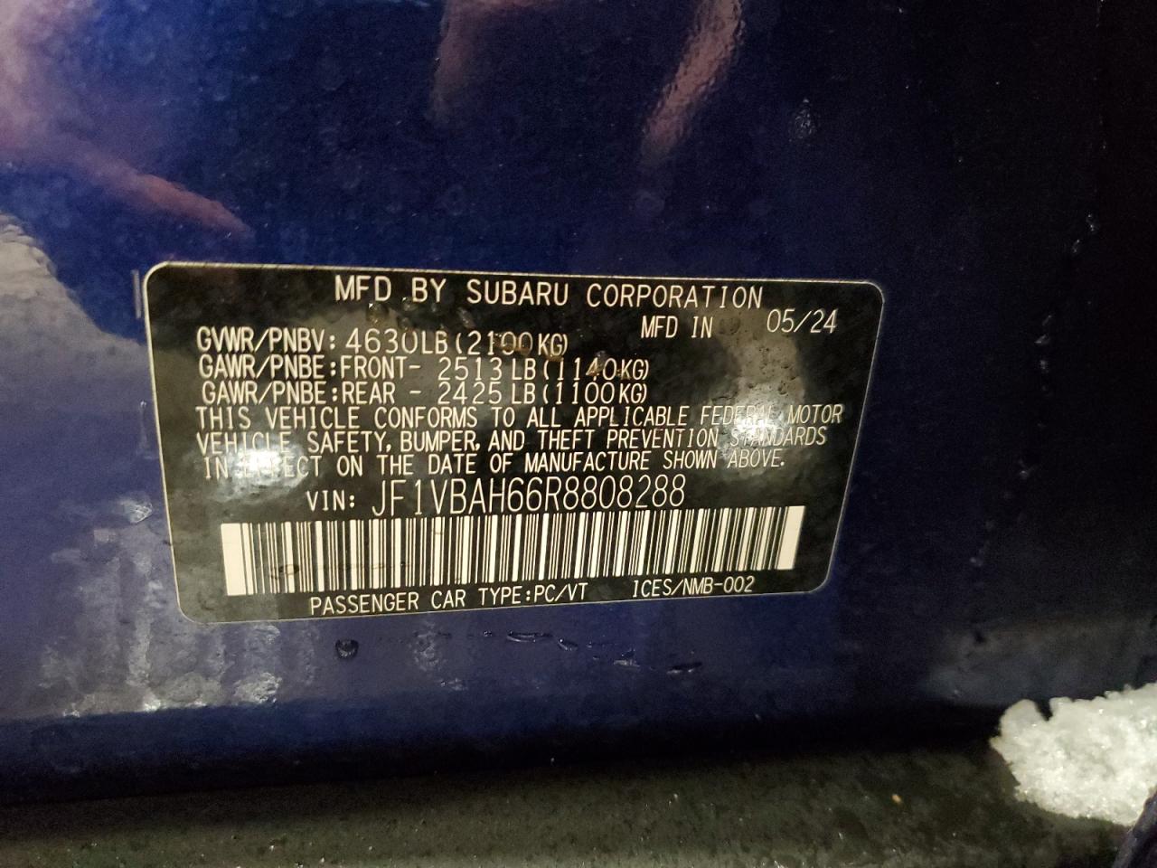 2024 SUBARU WRX PREMIUM VIN:JF1VBAH66R8808288