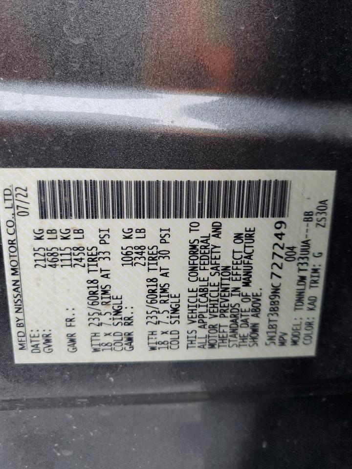 2022 NISSAN ROGUE SV VIN:5N1BT3BB9NC727249