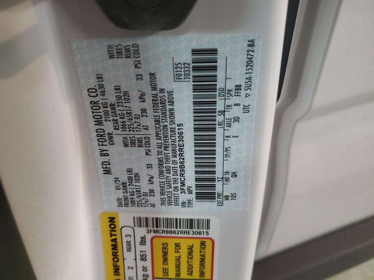 2024 FORD BRONCO SPORT BIG BEND VIN:3FMCR9B62RRE30615