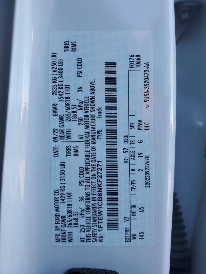 2022 FORD F150 SUPERCREW VIN:1FTEW1CB8NKF27271