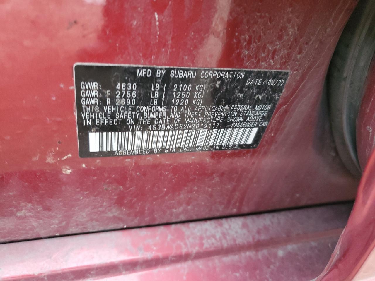 2022 SUBARU LEGACY PREMIUM VIN:4S3BWAD62N3019117