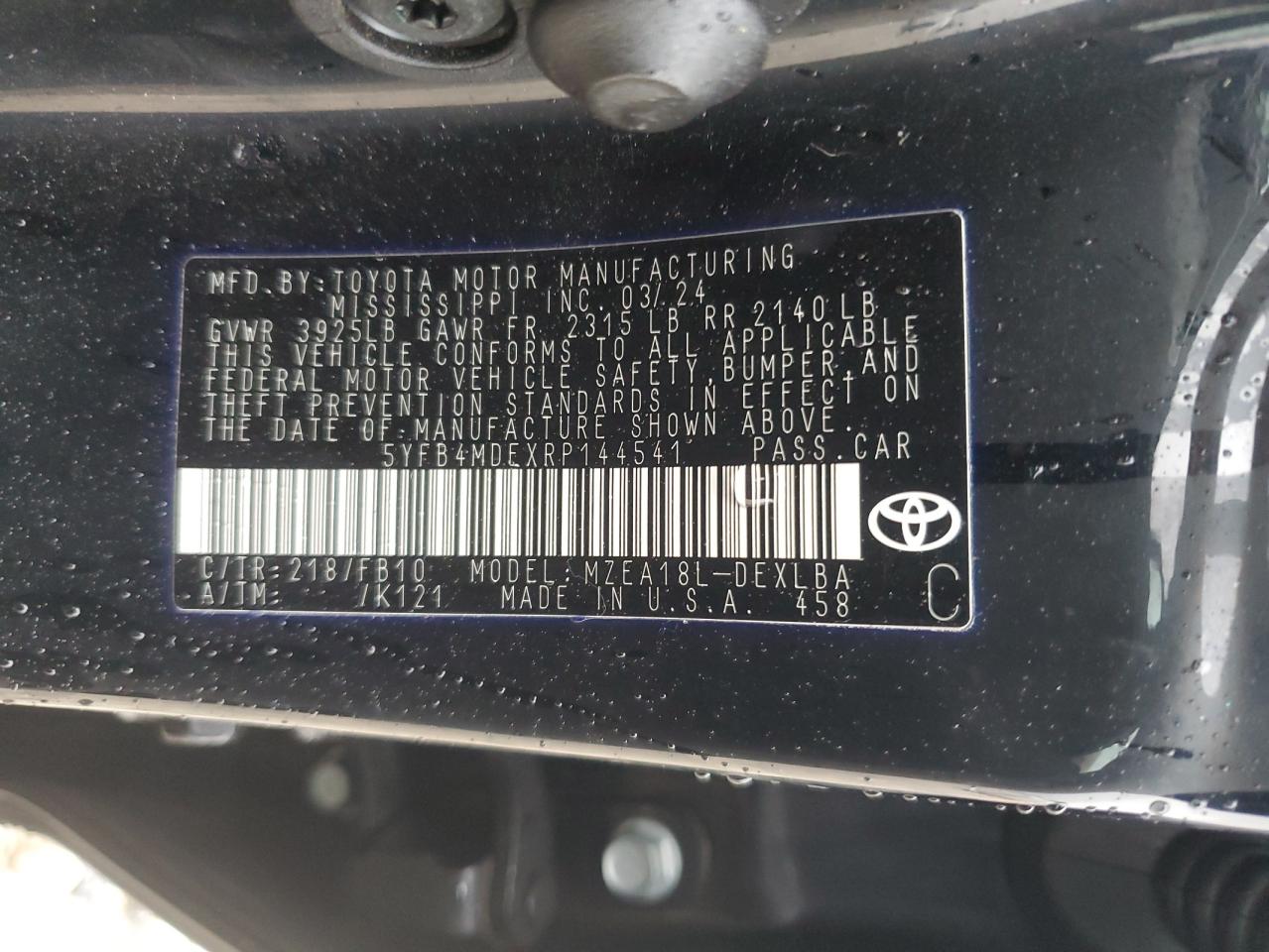 2024 TOYOTA COROLLA LE VIN:5YFB4MDEXRP144541