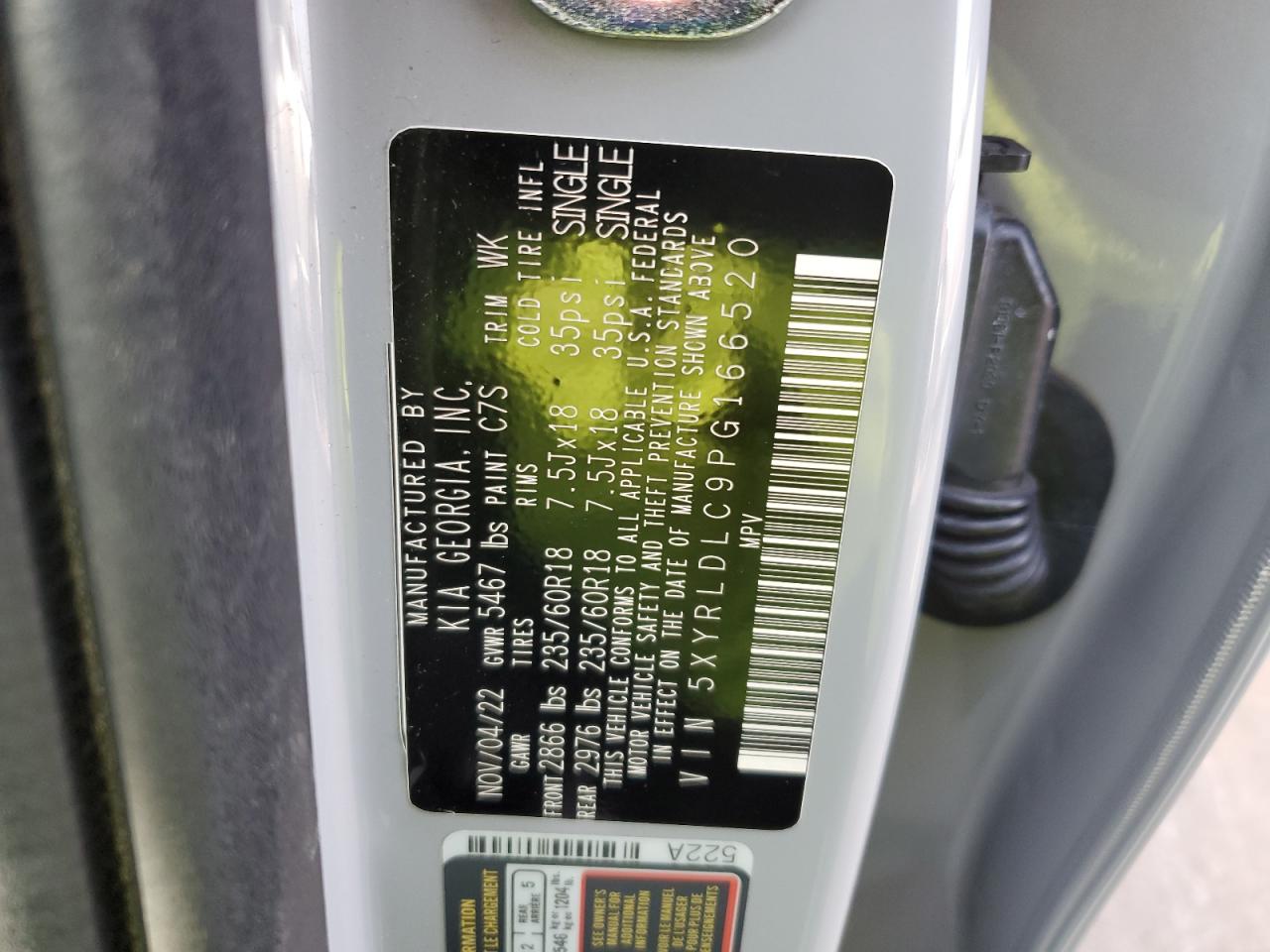 2023 KIA SORENTO S VIN:5XYRLDLC9PG166520