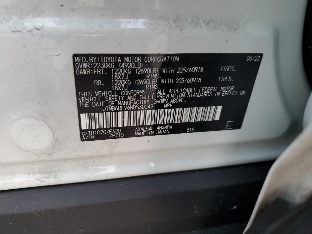 2022 TOYOTA RAV4 XLE PREMIUM VIN:JTMB6RFV6ND530049