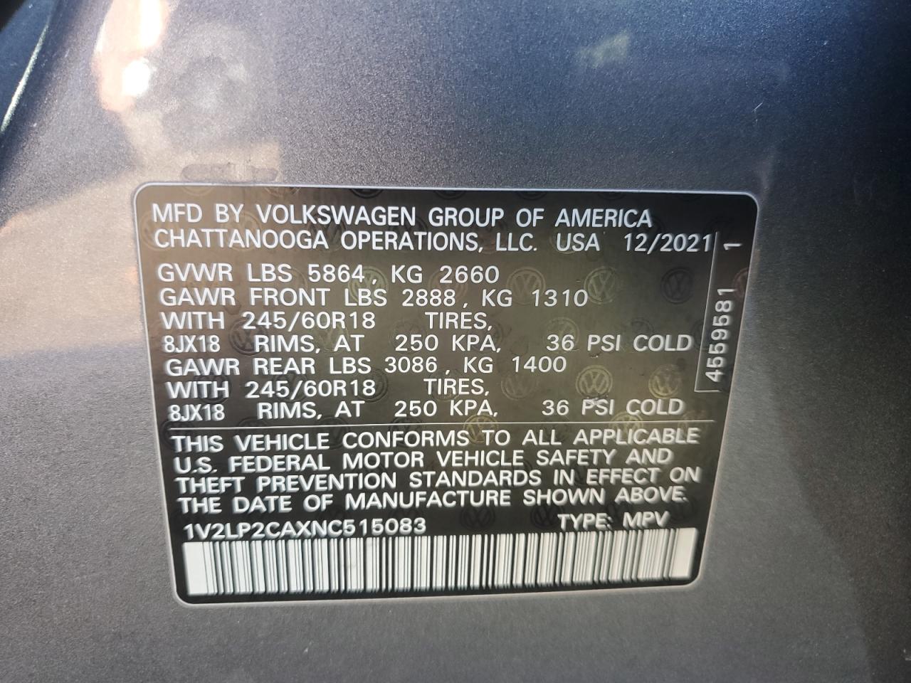 2022 VOLKSWAGEN ATLAS SE VIN:1V2LP2CAXNC515083