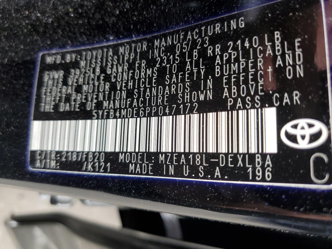 2023 TOYOTA COROLLA LE VIN:5YFB4MDE6PP047172