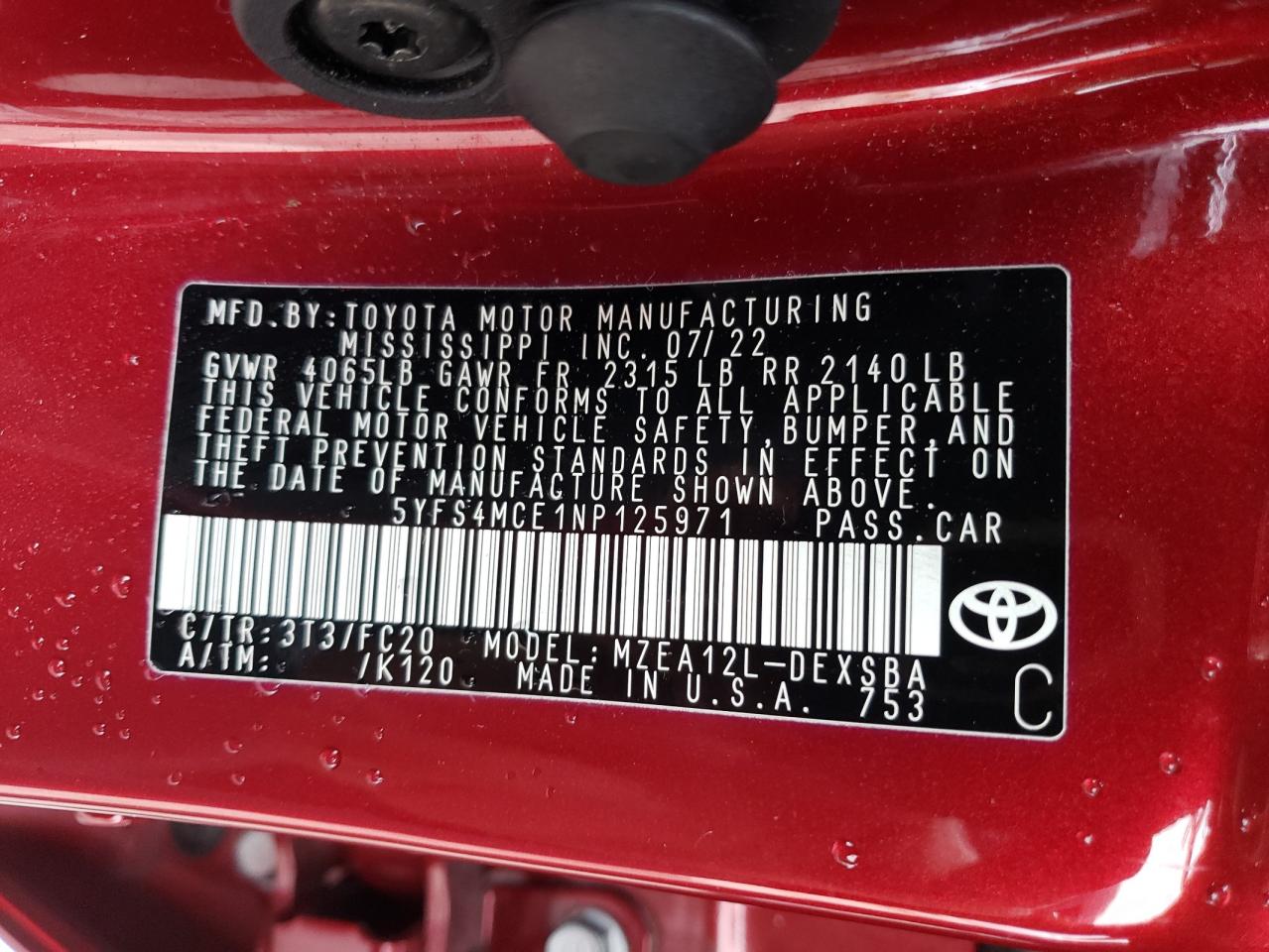 2022 TOYOTA COROLLA SE VIN:5YFS4MCE1NP125971