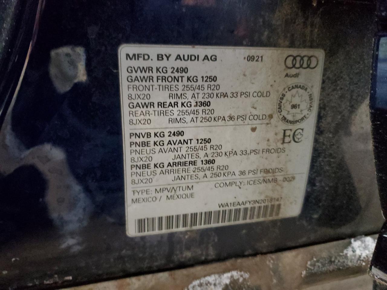 2022 AUDI Q5 PREMIUM PLUS 45 VIN:WA1EAAFY3N2018147