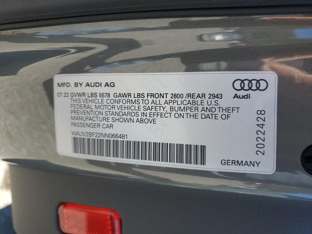2022 AUDI A7 PRESTIGE S-LINE VIN:WAUV2BF22NN066481