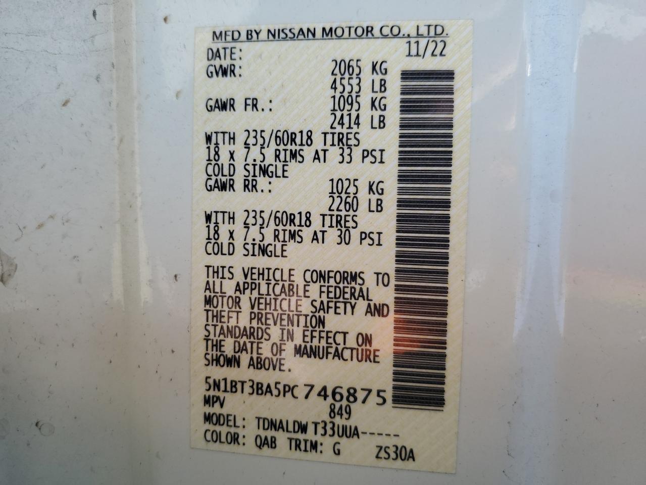 2023 NISSAN ROGUE SV VIN:5N1BT3BA5PC746875