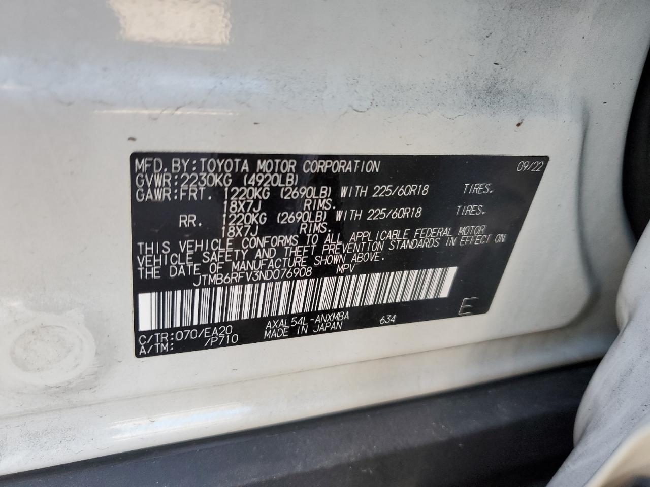 2022 TOYOTA RAV4 XLE PREMIUM VIN:JTMB6RFV3ND076908