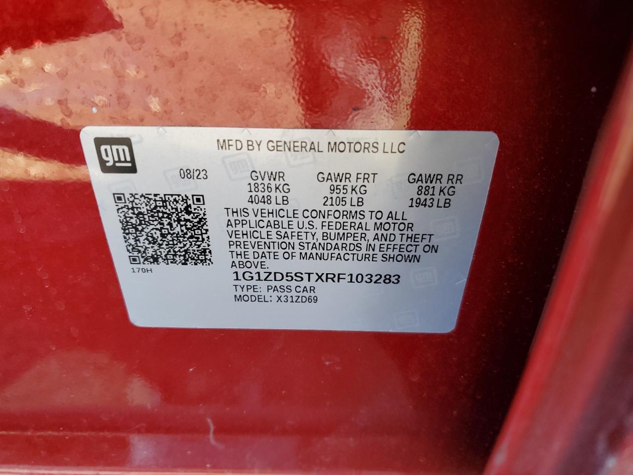 2024 CHEVROLET MALIBU LT VIN:1G1ZD5STXRF103283