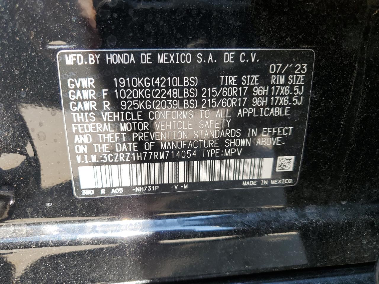 2024 HONDA HR-V EXL VIN:3CZRZ1H77RM714054