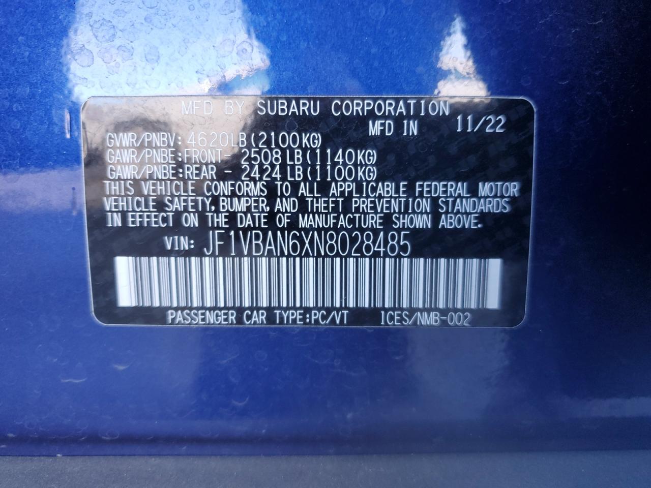 2022 SUBARU WRX LIMITED VIN:JF1VBAN6XN8028485