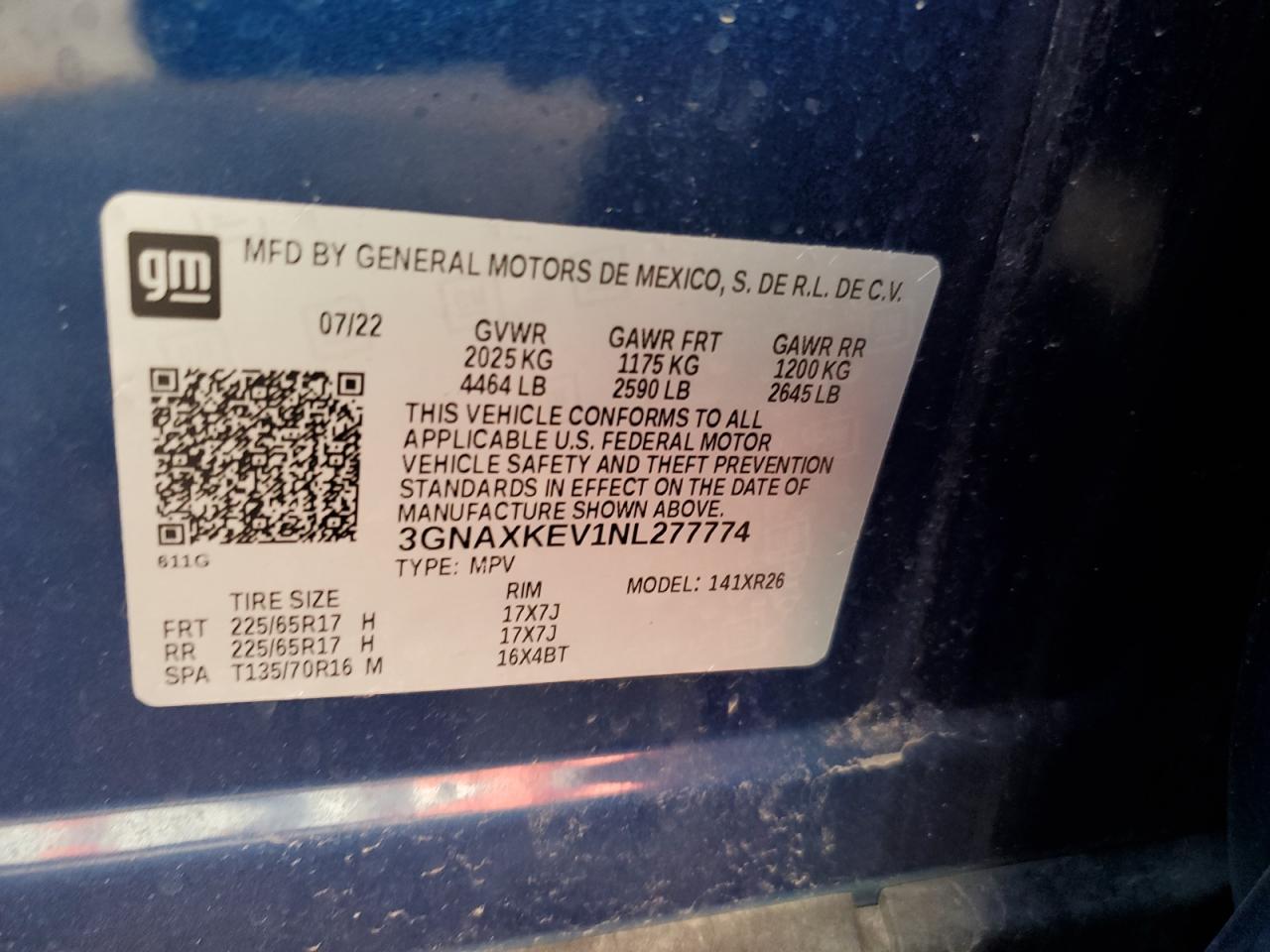 2022 CHEVROLET EQUINOX LT VIN:3GNAXKEV1NL277774