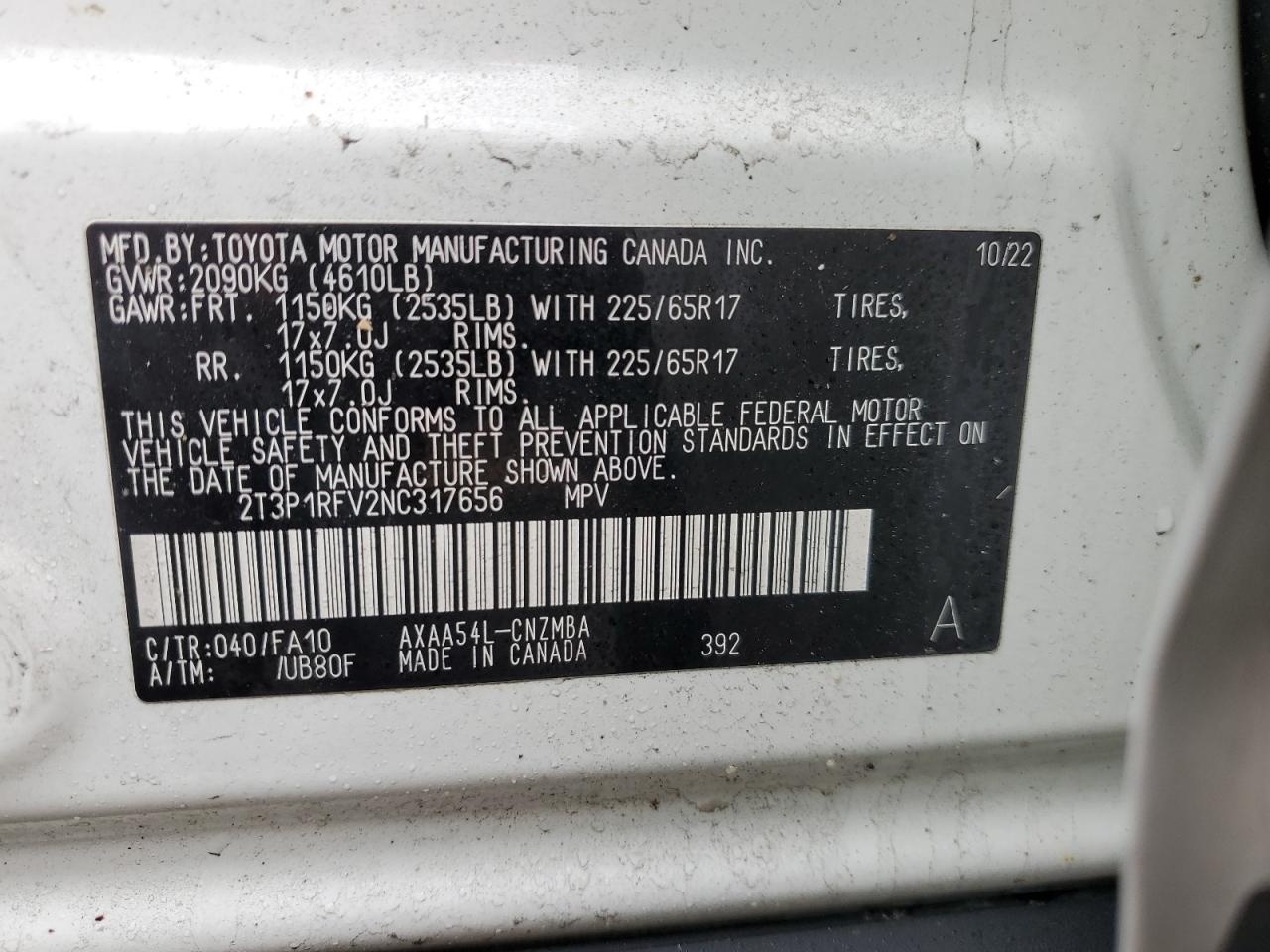 2022 TOYOTA RAV4 XLE VIN:2T3P1RFV2NC317656