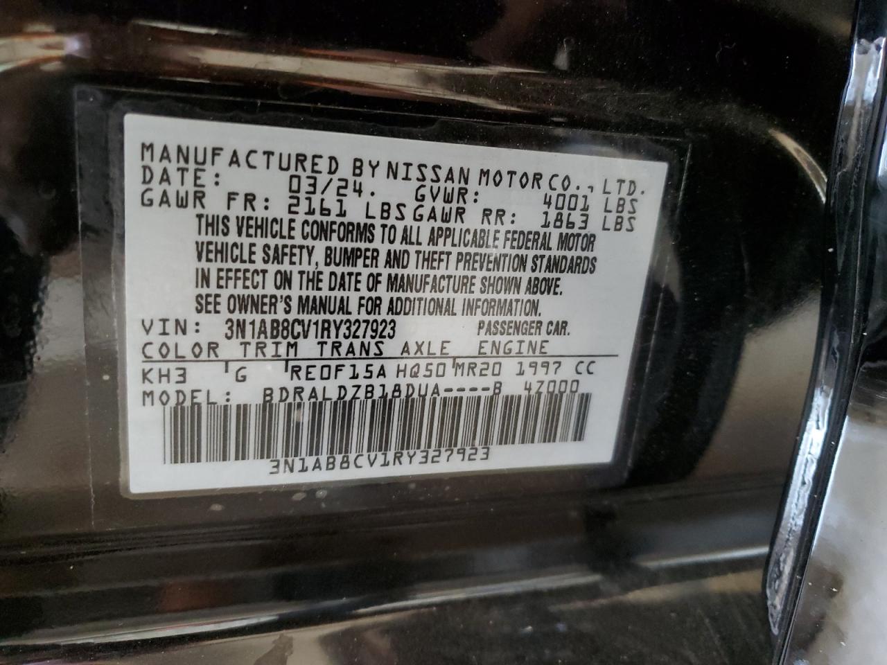 2024 NISSAN SENTRA SV VIN:3N1AB8CV1RY327923