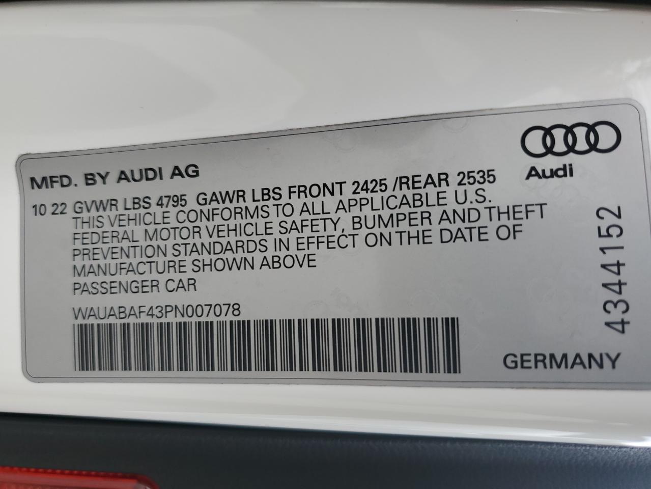 2023 AUDI A4 PREMIUM 40 VIN:WAUABAF43PN007078