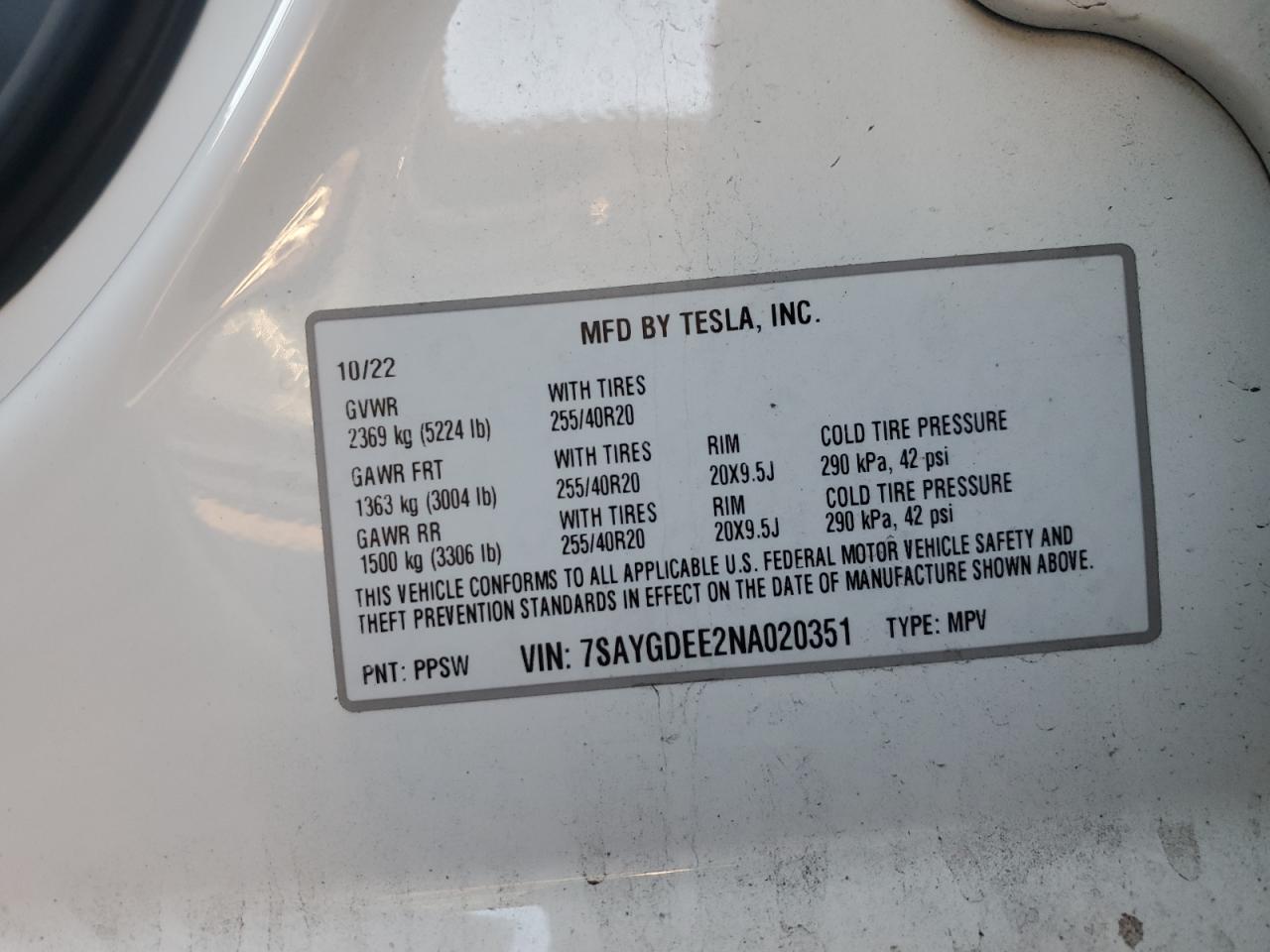 2022 TESLA MODEL Y  VIN:7SAYGDEE2NA020351