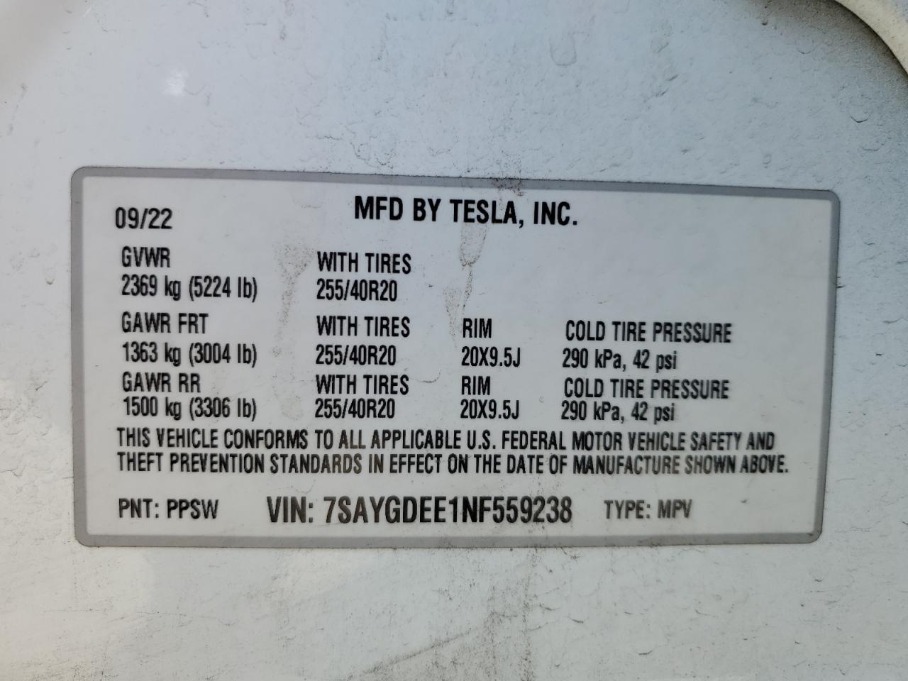 2022 TESLA MODEL Y  VIN:7SAYGDEE1NF559238