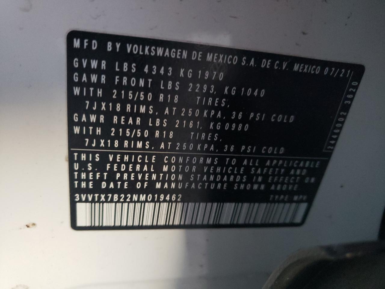 2022 VOLKSWAGEN TAOS SE VIN:3VVTX7B22NM019462