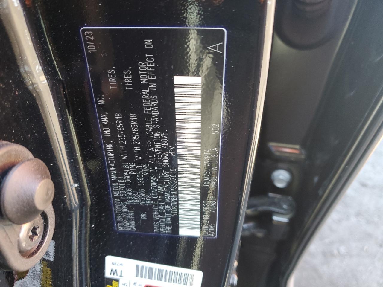 2023 TOYOTA HIGHLANDER L VIN:5TDKDRBH1PS527010