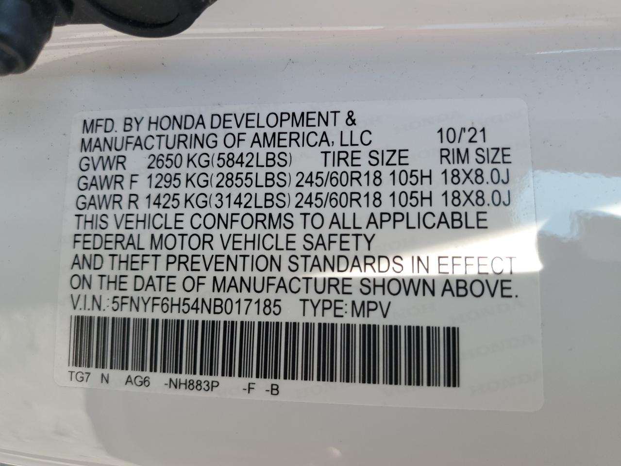 2022 HONDA PILOT EXL VIN:5FNYF6H54NB017185