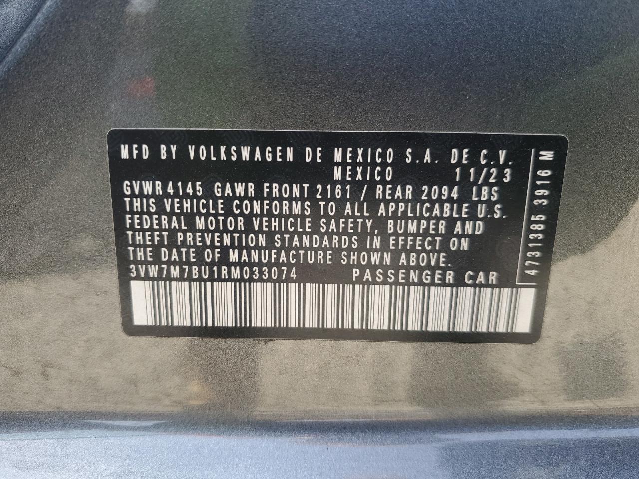 2024 VOLKSWAGEN JETTA SE VIN:3VW7M7BU1RM033074
