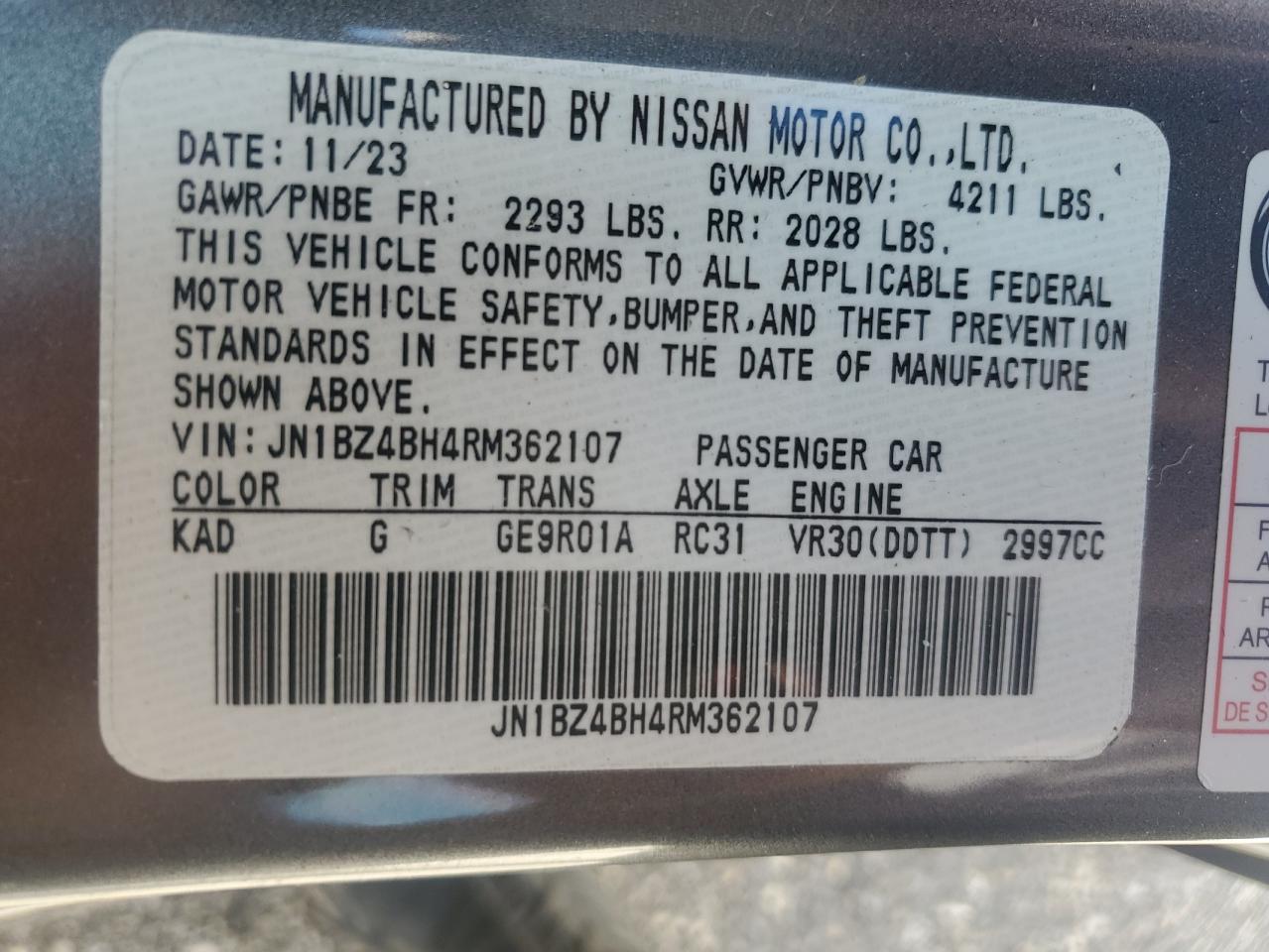 2024 NISSAN Z PERFORMANCE VIN:JN1BZ4BH4RM362107
