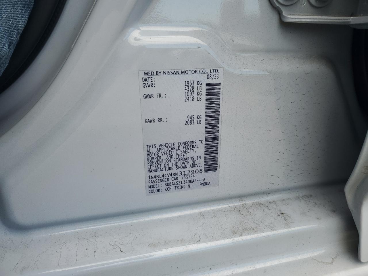 2024 NISSAN ALTIMA SR VIN:1N4BL4CV4RN312908