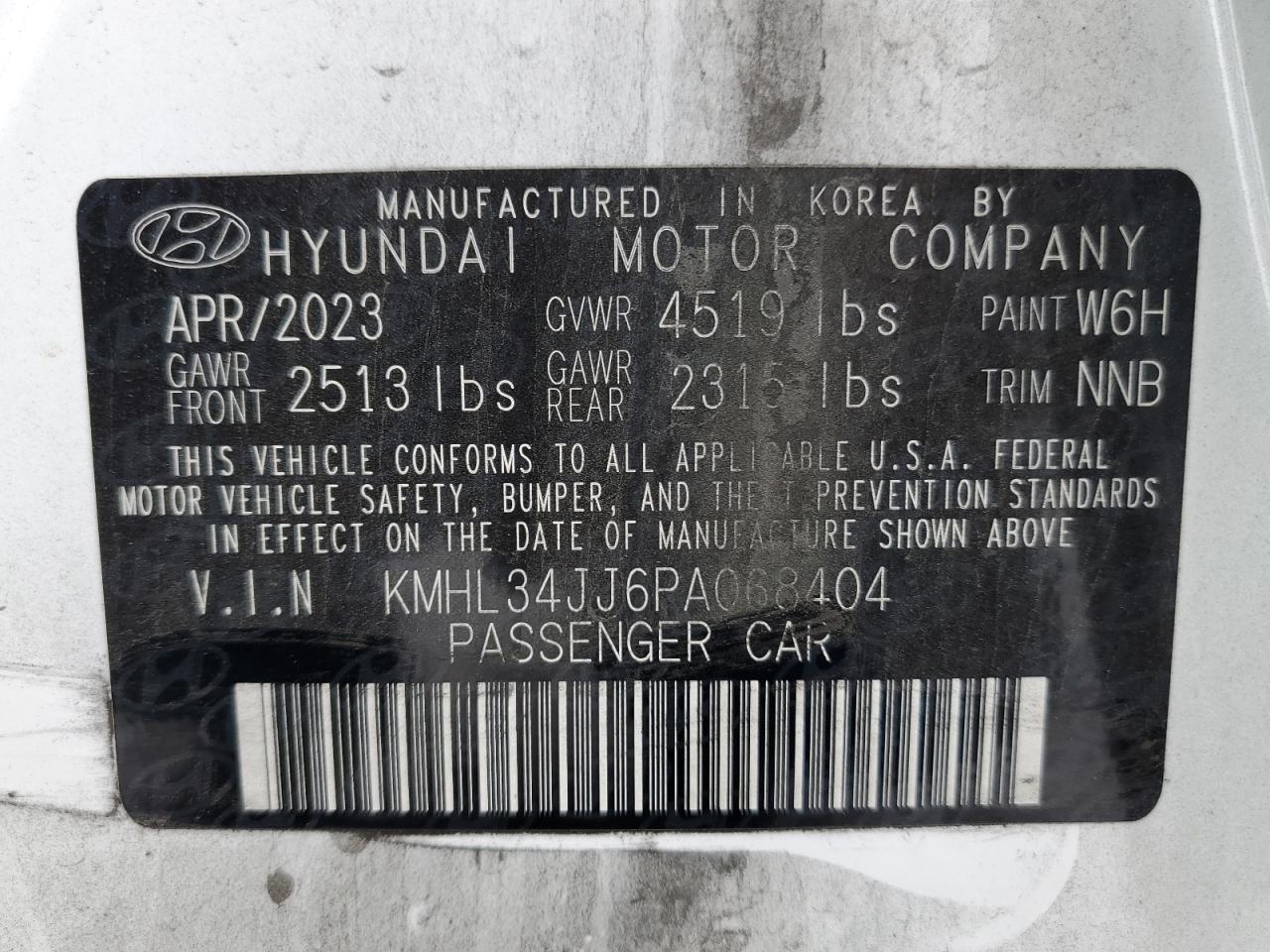 2023 HYUNDAI SONATA HYBRID VIN:KMHL34JJ6PA068404