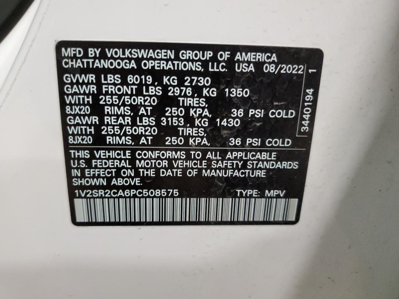 2023 VOLKSWAGEN ATLAS SEL R-LINE VIN:1V2SR2CA6PC508575