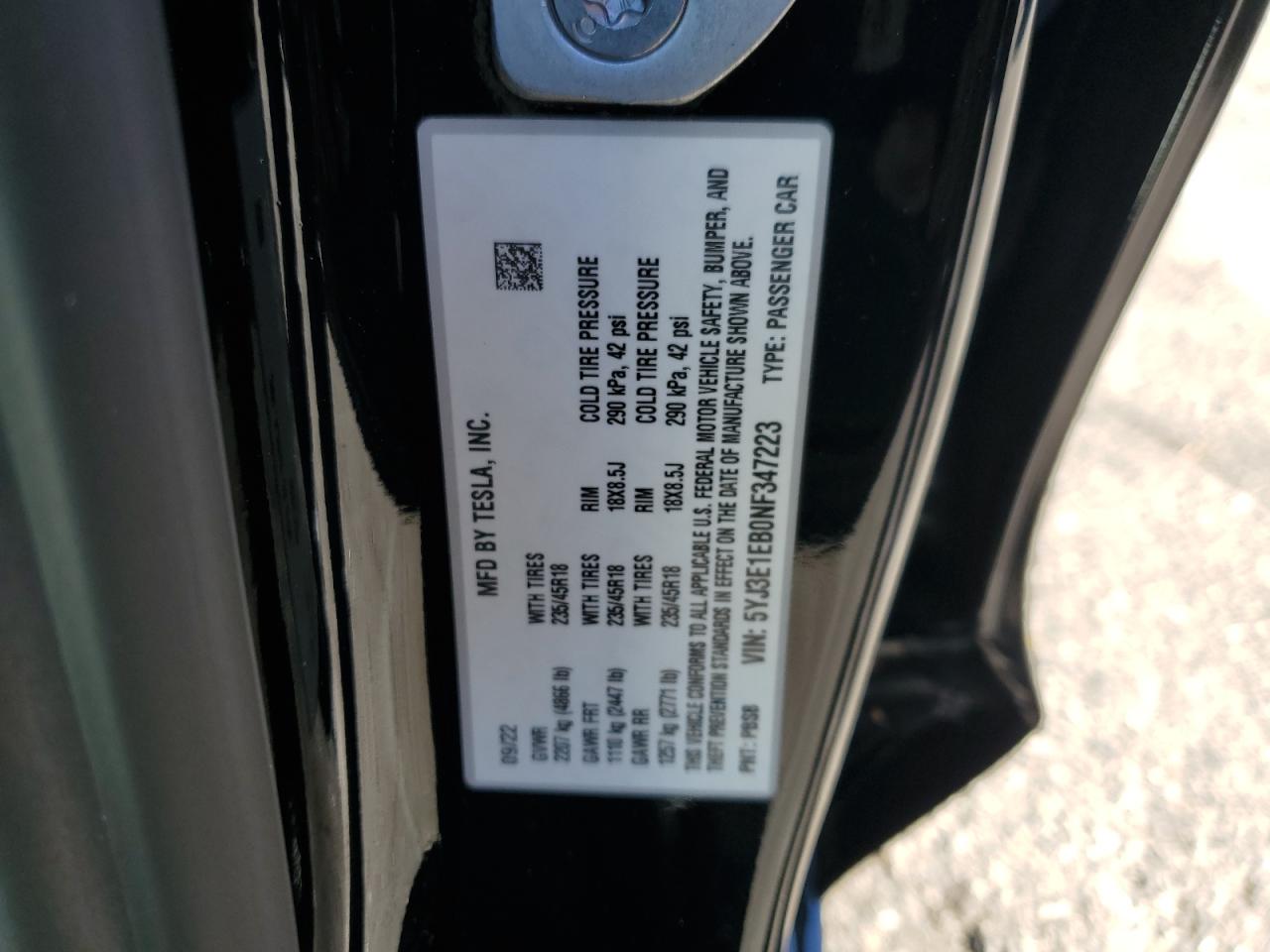 2022 TESLA MODEL 3  VIN:5YJ3E1EB0NF347223