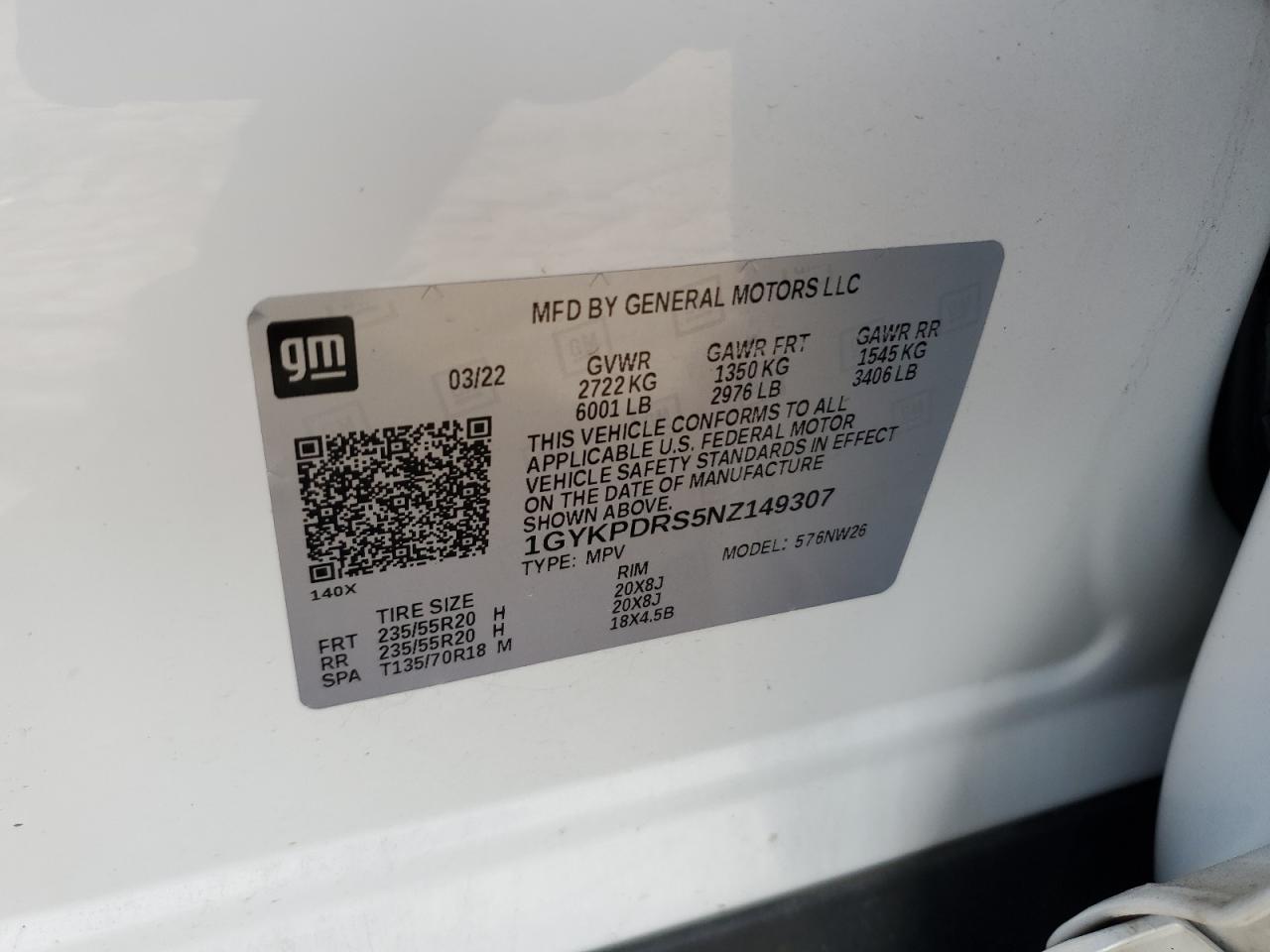 2022 CADILLAC XT6 PREMIUM LUXURY VIN:1GYKPDRS5NZ149307
