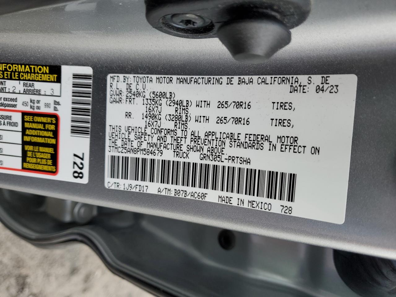 2023 TOYOTA TACOMA DOUBLE CAB VIN:3TMCZ5AN8PM584679