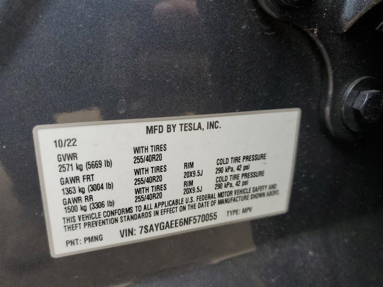 2022 TESLA MODEL Y  VIN:7SAYGAEE6NF570055