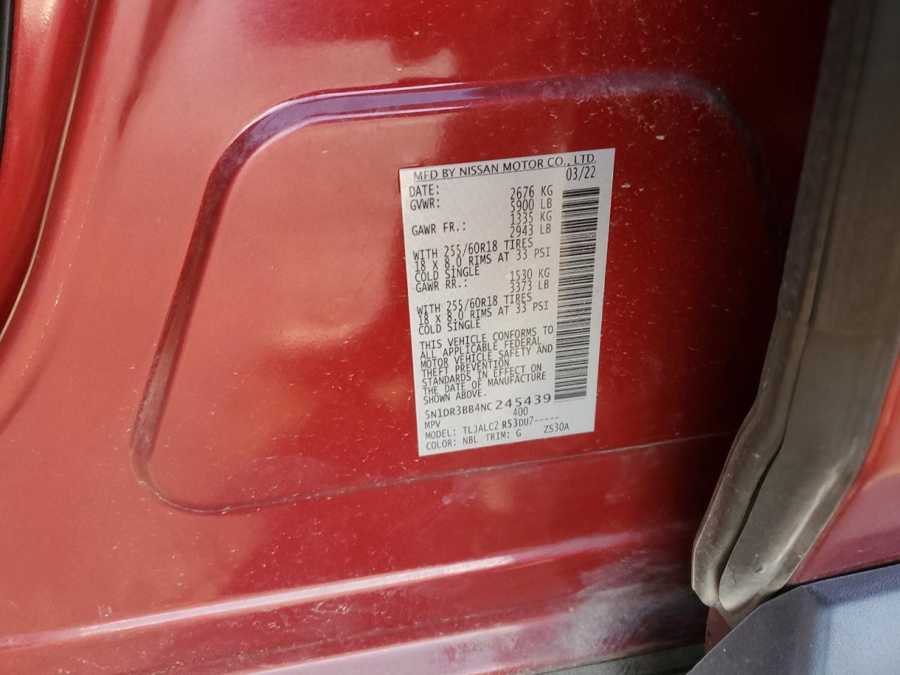 2022 NISSAN PATHFINDER SV VIN:5N1DR3BB4NC245439